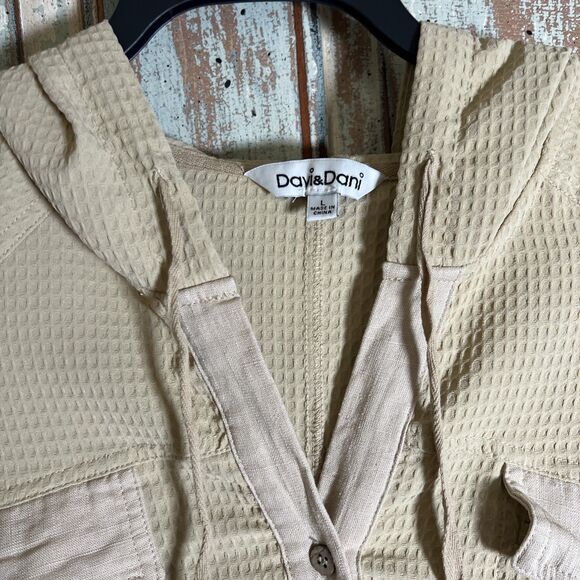Davi & Dani Tunic V Neck With Hood Large  With Pockets Khaki/Tan/Golden - Picture 5 of 11